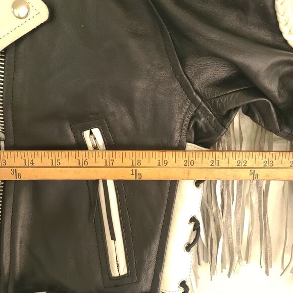 VTG Leather King Black & White Fringe Moto Jacket Braided Western Biker Women XL - Picture 10 of 16